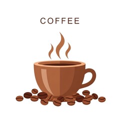 Steaming cup of fresh hot coffee with a rich aroma, surrounded by a pile of roasted coffee beans vector illustration