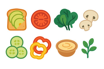 Veggie Breakfast Icons. Flat vector mini-illustrations Veggie breakfast plates in colors children's