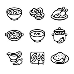 Paprika Dish Icons. Outline icon set of paprika dishes: goulash, deviled eggs, roasted chicken, paella, paprika soup, stewed