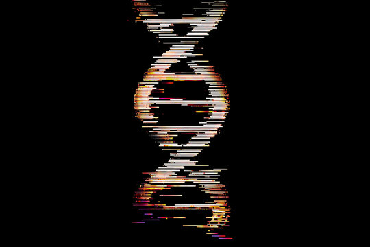 Exploring cutting edge dna research with a glitchy, distorted helix in the digital world showing the advancements of modern genetics