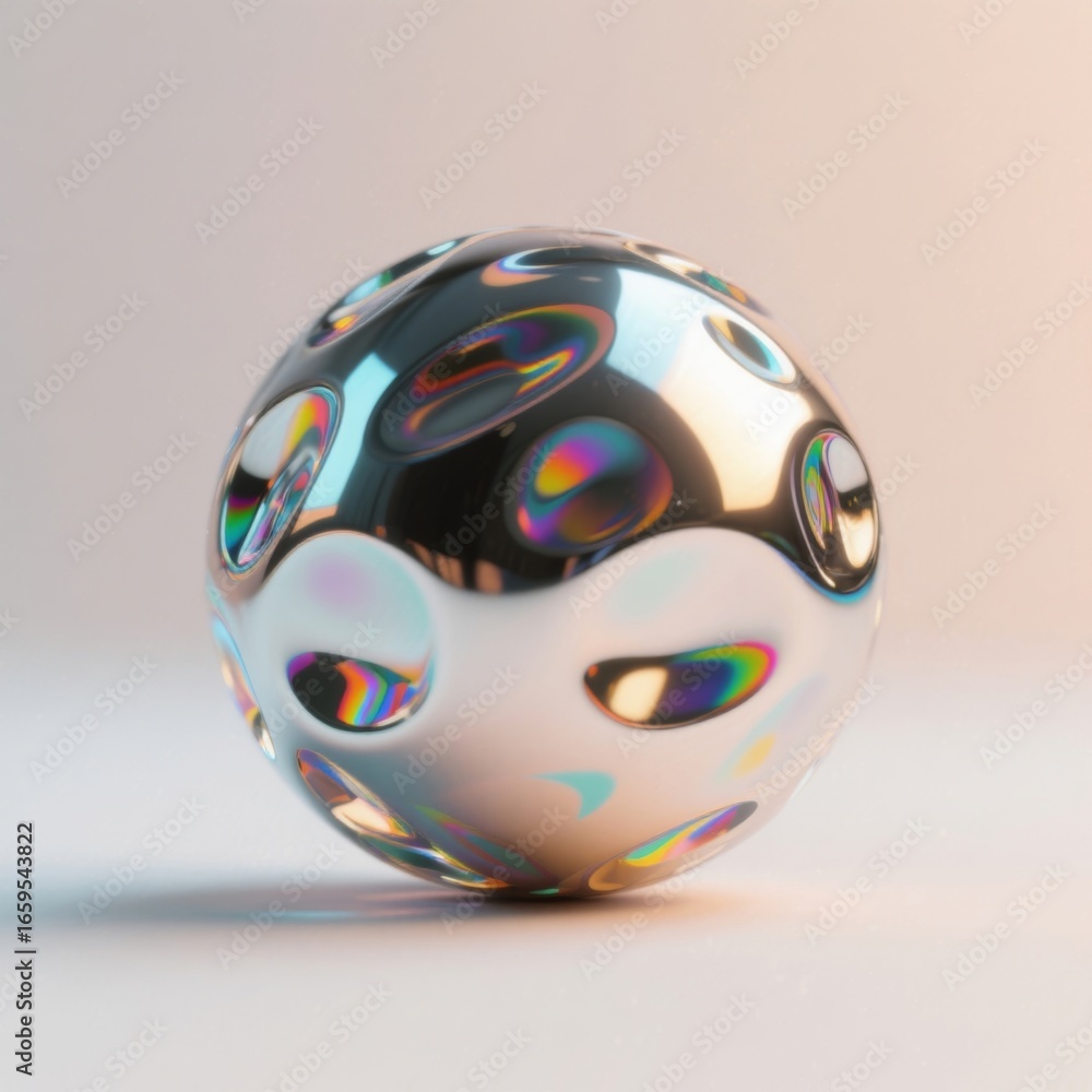Poster metallic reflective abstract sphere with iridescent circular patterns