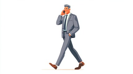 A confident businessman in a professional suit walks while engaged in a phone conversation,
