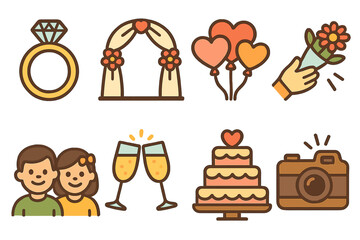 Wedding Celebration Icons. Flat vector mini-illustrations Wedding celebration with friends in colors