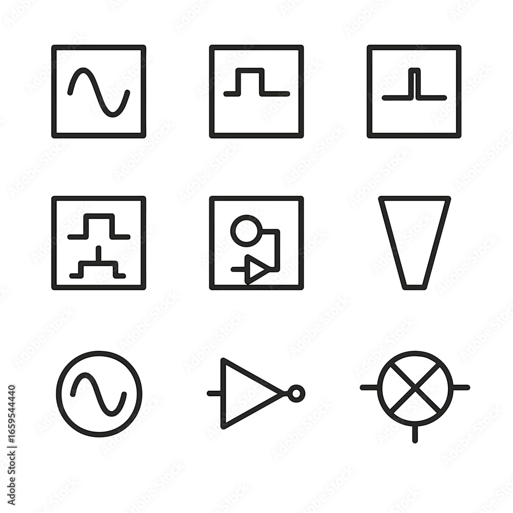Aufkleber electronics icon grid. outline icon set of frequency in electronics: oscillator, clock signal, timin