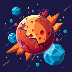 Cartoon Cracked Planet, Asteroid Field, Space Debris, Vibrant Colors, Cosmic Fantasy Illustration