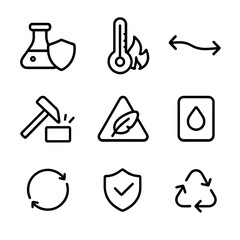 Obraz premium Polypropylene Icon Set. Outline icon set of polypropylene properties: chemical resistance, heat resistance, flexibility, toughness