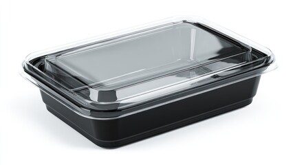 High-resolution plastic food tray with clear lid, black base and glossy transparent cover, sealed and isolated on clean white background, ideal for meal packaging mockups