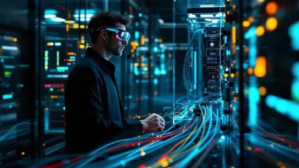 IT engineer wearing augmented reality headset working in futuristic data center, adjusting and controlling server parameters - Powered by Adobe