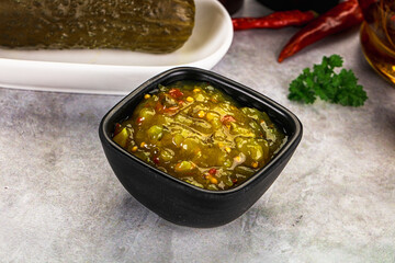 Souce gherkin relish with marinated cucumbers