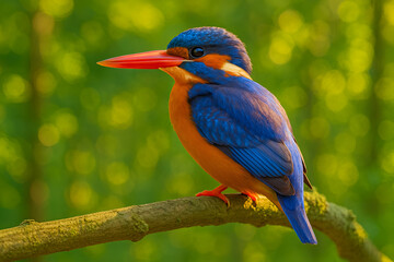 Obraz premium Vibrant kingfisher bird perched on a branch in lush green forest