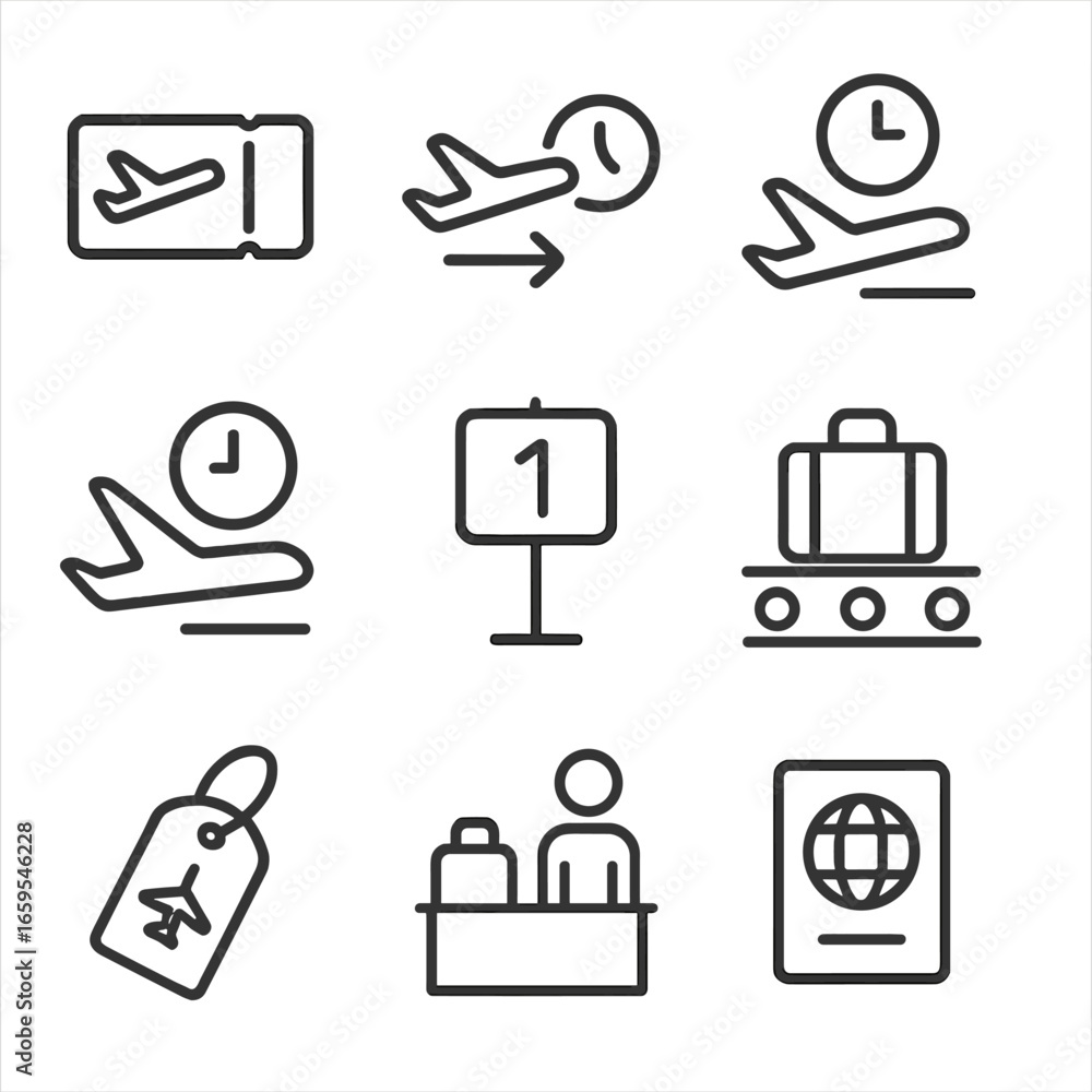 Poster flight status icons. outline icon set of flight status and data: boarding pass, flight delay, arriva