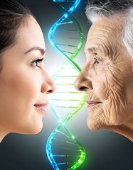A young and old person face to face, with DNA strand