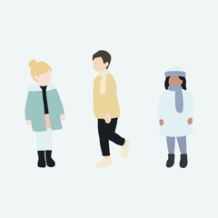 flat minimal children male and female vector illustration in winter clothing concept isolated set collection. For architecture rendering, graphic design, info graphic, media