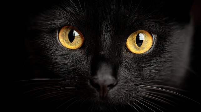 Extreme close-up of black cat face highlighting golden-yellow eyes and black fur, with mysterious and curious expression, perfect for pet themes. - Powered by Adobe