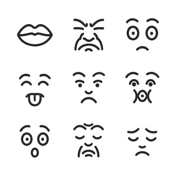 Sour Taste Icons. Outline icon set of sour taste reactions: puckered lips, scrunched nose, wide eyes, tongue out, raised eyebrows,