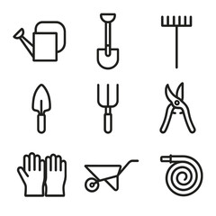 Obraz premium Garden Tools Icons. Outline icon set of garden tools: watering can, shovel, rake, trowel, garden fork, pruning shears, wheelbarrow