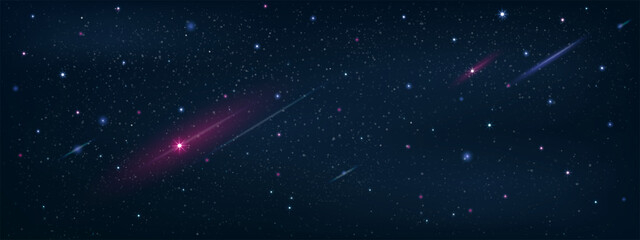 Starry night sky with glowing shooting stars, dreamy cosmic lights on dark blue in winter,Vector Nature Stardust field for sci fi design, space themed backgrounds, galaxy presentations, fantasy art 
