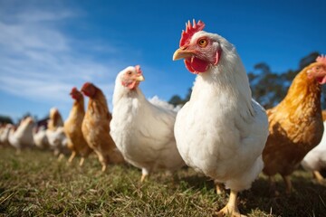 Fototapeta premium Chickens on the grass field chicken poultry animal.