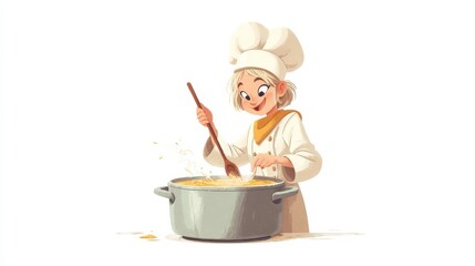 A cheerful cartoon chef in a white uniform stirs a steaming pot of soup, wearing a tall hat and yellow neckerchief,