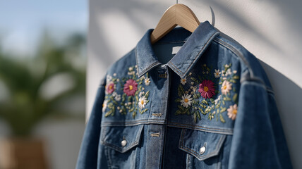 Modern Bohemian Style Blue Denim Jacket with Detailed Floral Needlework and Decorative Patterns Hanging Neatly on Wooden Hanger in Minimalist White Interior with Soft Natural Light