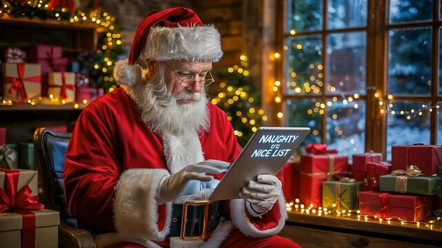Santa Claus uses a modern tablet to check his Naughty or Nice list in his cozy workshop, surrounded by gifts and festive lights