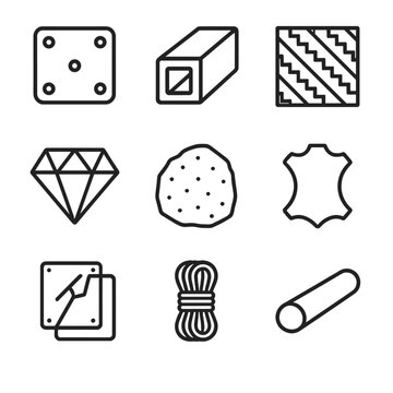 Strong Material Icons. Outline icon set of strong materials: steel plate, concrete block, carbon fiber, titanium bar, diamond,