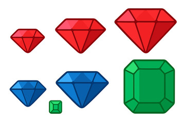 Gemstone Size Comparison. Flat vector mini-illustrations gemstone carat comparison in colors children's illustrations: small ruby,