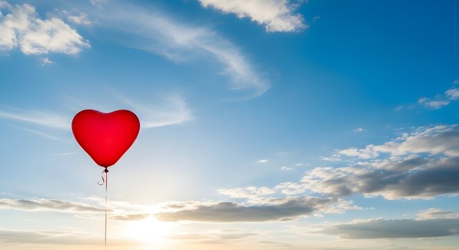 Red heart balloon floating in a sunny blue sky with clouds