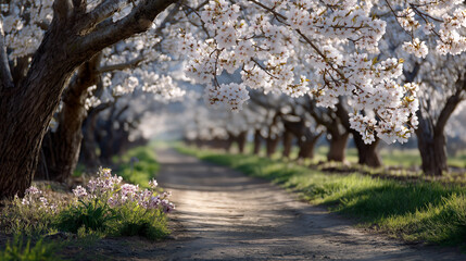 Fototapeta premium Cherry Blossom Orchard Path Under Gentle Light