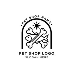Stylish pet shop logo featuring crossed fishbones, sun, and arched text.