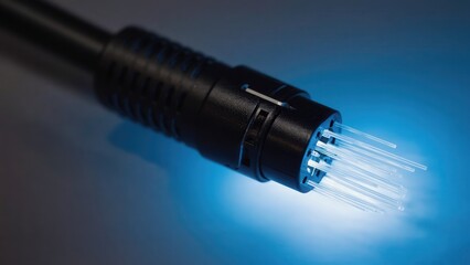 Close-up of illuminated fiber optic cable against blue background