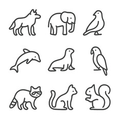 Gray Animal Icons. Outline icon set of gray animals: gray wolf, elephant, pigeon, dolphin, seal, gray parrot, raccoon, gray cat,
