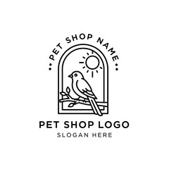 Minimalist pet shop logo featuring a bird perched on a branch inside an arched window with a sun, surrounded by text.