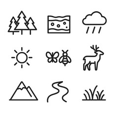Walnut Tree Icons. Outline icon set of walnut tree habitat and environment: forest, soil, rain cloud, sun, pollinators, wildlife,