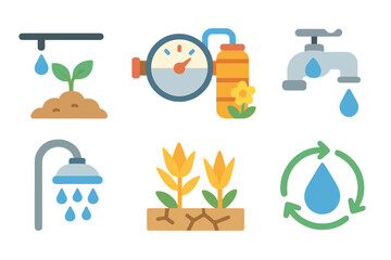 Water Conservation Icons. Flat vector mini-illustrations reduction in water use in colors children's illustrations: drip
