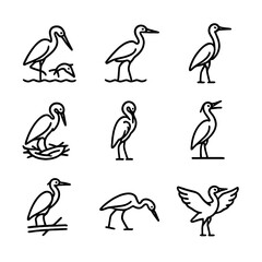 Heron Behavior Icons. Outline icon set of heron behaviors: fishing, wading, flying, nesting, preening, calling, perching, hunting,