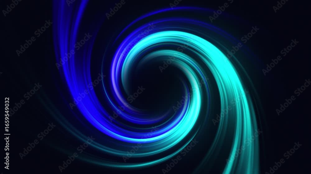 Poster glowing swirling vortex of vibrant light trails in blue, purple and pink color on a dark background.