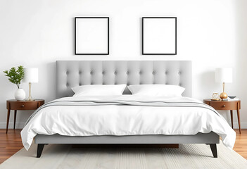  A king-size bed with a tufted gray headboard, two ISO A poster mockups in thin black frames above, styled with crisp white bedding and a wool rug.
