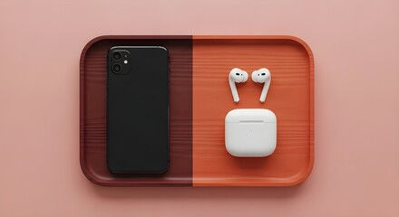 Smartphone and wireless earbuds on a tray for product mockups