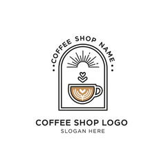 A stylized logo for a coffee shop featuring a steaming cup of coffee with latte art, framed by an arched window with a sunburst and heart.