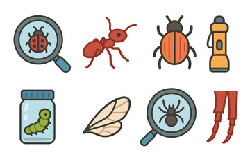 Insect and Flashlight Icons. Flat vector mini-illustrations insect discovery set in colors children's illustrations: ladybug under