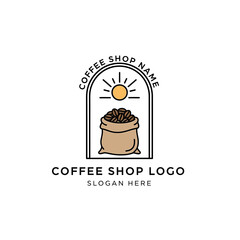 Simple line art logo for a coffee shop, featuring a burlap sack of coffee beans under a sun.