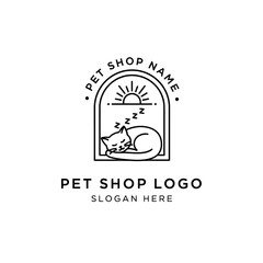 Minimalist logo design featuring a sleeping cat inside an arched window with a rising sun, branding for a pet shop.