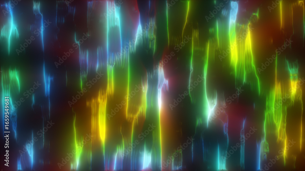 Poster abstract prismatic pattern with vertical neon lines, creating a colorful and dynamic rainy atmospher