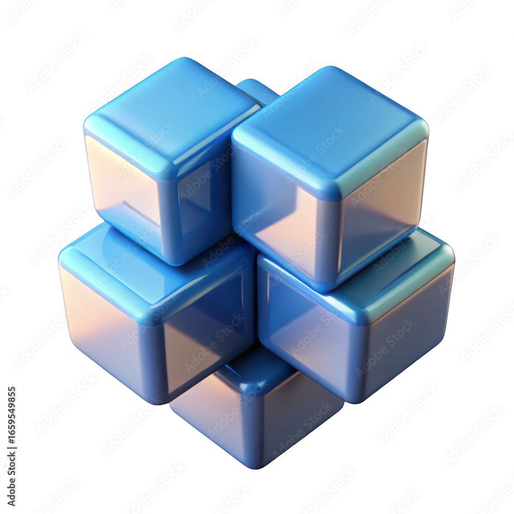 Poster abstract arrangement of shiny blue cubes interlocking in a complex structure isolated on transparent