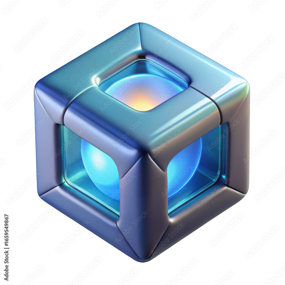 Poster futuristic glowing cube with inner sphere isolated on transparent background