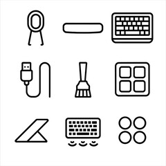 Keyboard Accessory Icons. Outline icon set of keyboard accessories: keycap puller, wrist rest, keyboard cover, USB cable, cleaning