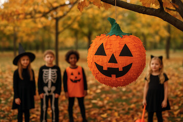 Halloween Pumpkin Pinata Hanging from Tree with Children in Costumes Playing Outdoors in Autumn Park During Festive Celebration