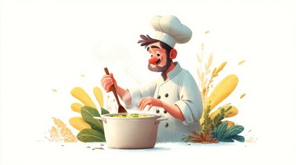 A cheerful cartoon chef in a white hat and jacket stirs a pot of green vegetables on a stove,