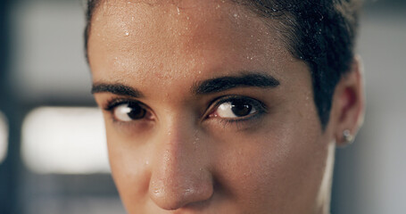 Eyes, portrait and woman with sweat for fitness, intense training or fatigue with recovery. Closeup, exercise and tired athlete with determination, serious face or break for rest with gym challenge